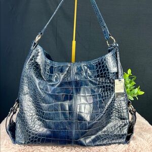Authentic Furla Liz Hobo Bag - Navy Blue Croc Embossed Leather Shoulder Purse